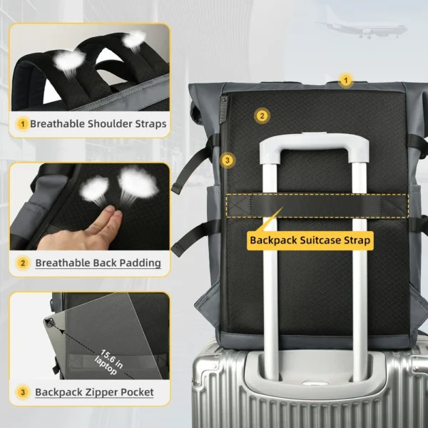 HK Waterproof Rolltop Backpack Large Capacity Laptop Bag for Men Women Travel School Business Anti-theft Bag With USB Charging - Image 2