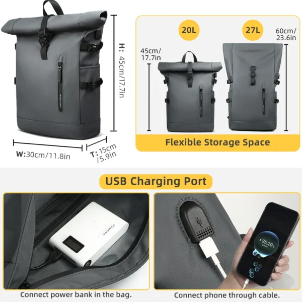 HK Waterproof Rolltop Backpack Large Capacity Laptop Bag for Men Women Travel School Business Anti-theft Bag With USB Charging - Image 6
