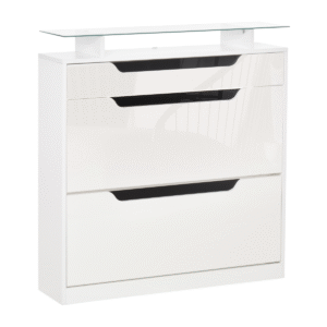 Shoe Cabinet 3 Drawers High Gloss Storage Cupboard Glass Top White