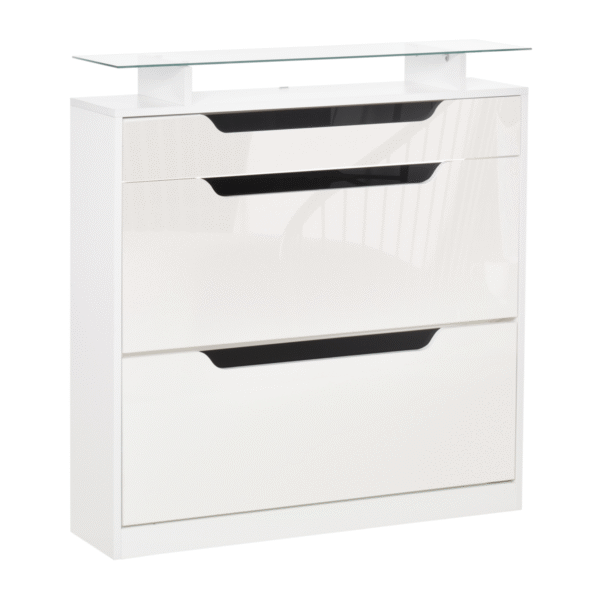 Shoe Cabinet 3 Drawers High Gloss Storage Cupboard Glass Top White