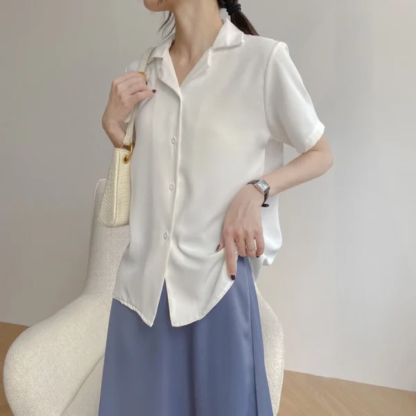 Women Summer Chiffon Blouse Elegant Short Sleeve V Neck Loose Shirt Casual Solid Korean Chic Simple Tops Female Tunic Blusas - Image 5