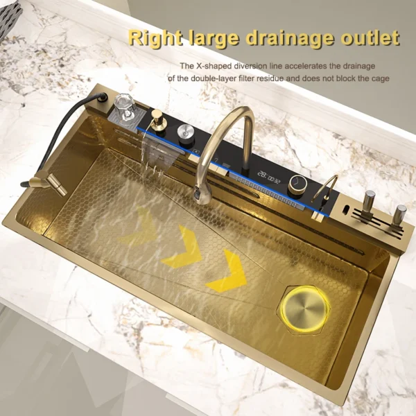 Stainless Steel Golden Kitchen Sink Multifunctional Waterfall Outlet Single Slot Piano Button Digital Display - Image 3