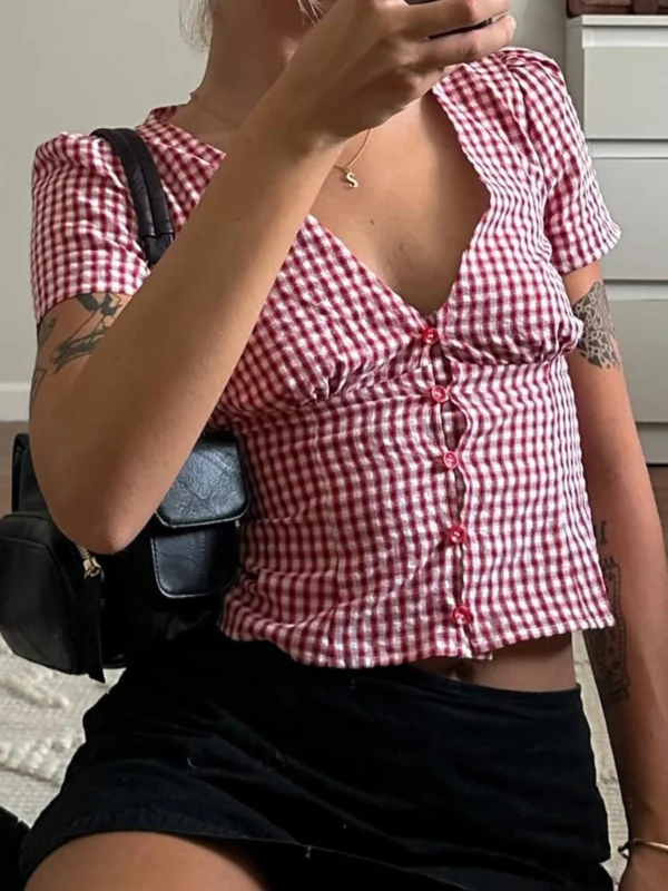 Cuteandpsycho Vintage Plaid Print Slim Sexy Blouses Button Deep V-neck Harajuku Chic 90s Retro Shirt Hottie Y2k Classic Tops - Image 2