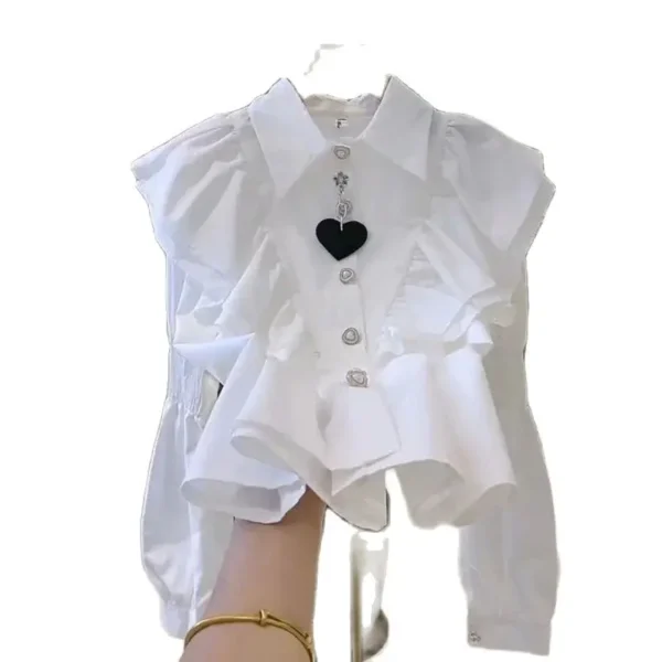 Korean Elegant Office Lady's White Shirts Sweet Matching Tiered Ruffle Blouses Pearl Button Long Sleeve Top Chic Women's Shirts - Image 2