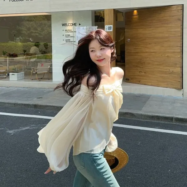 French One-shoulder Bubble Sleeve Shirt for Women with Irregular Bow Design in Early Spring with Off-the-shoulder Women's Top - Image 2