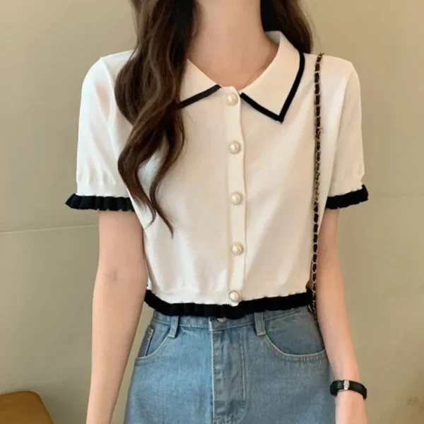 Sweet Women Shirt Korean Knitted Turn Down Collar Chic Short Sleeve Female Blouse Summer Retro Slim All Match Ladies Crop Tops - Image 5