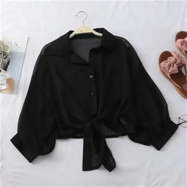 Chiffon Shirts Women 2025 Summer Half Sleeve Buttoned Up Shirt Loose Casual Blouse Tie Waist Elegant Blouses for Women - Image 4