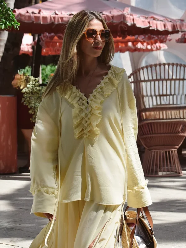Yellow Casual Ruffles Lace-up Shirts For Women Fashion Loose Long Sleeve V Neck Summer Blouse Lady Lightweight Holiday Tops 2025 - Image 4