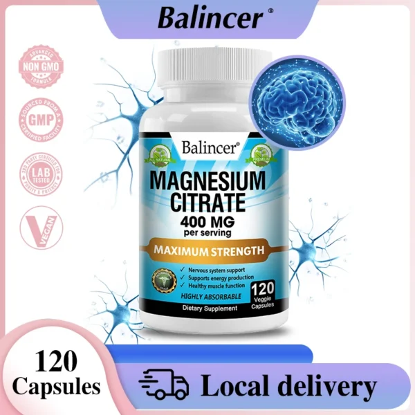 Magnesium Citrate Supplement, 120 Capsules, Relieves Fatigue and Promotes Relaxation, Unisex, Supports Heart and Bone Health