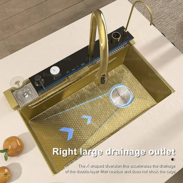 Stainless Steel Golden Kitchen Sink Multifunctional Waterfall Outlet Single Slot Piano Button Digital Display - Image 6