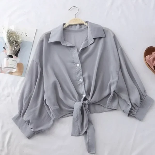 Chiffon Shirts Women 2025 Summer Half Sleeve Buttoned Up Shirt Loose Casual Blouse Tie Waist Elegant Blouses for Women - Image 2