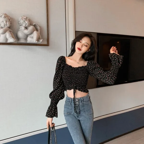 2024 Summer New Vintage Square Collar Top Wood Ear Edge Long Sleeve Chiffon Shirt Floral One-Row Collar Women's Blouse - Image 2