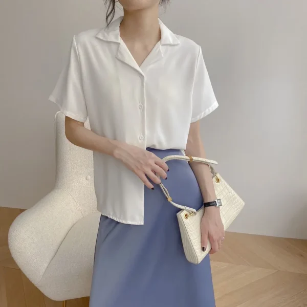 Women Summer Chiffon Blouse Elegant Short Sleeve V Neck Loose Shirt Casual Solid Korean Chic Simple Tops Female Tunic Blusas - Image 4