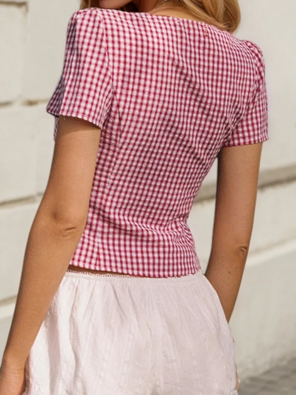 Cuteandpsycho Vintage Plaid Print Slim Sexy Blouses Button Deep V-neck Harajuku Chic 90s Retro Shirt Hottie Y2k Classic Tops - Image 6