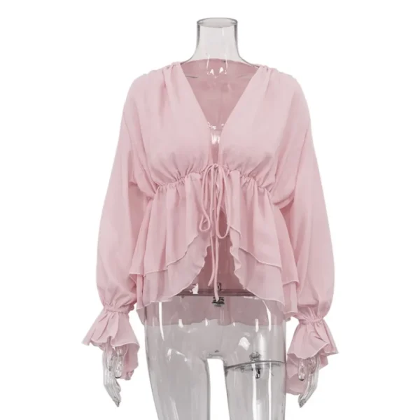 2025 New Casual Women's Wear 2025 New Sexy Hot Girl Lace-Up Long Sleeve Top Pleated Loose Design French Shirt for Women - Image 4