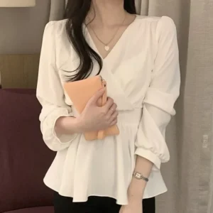Elegant V-Neck Long Sleeve Chiffon Shirt Women's Sweet Atmosphere Waist-Cinching Belted Top Spring 2025 New Arrival