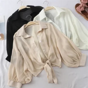 Chiffon Shirts Women 2025 Summer Half Sleeve Buttoned Up Shirt Loose Casual Blouse Tie Waist Elegant Blouses for Women