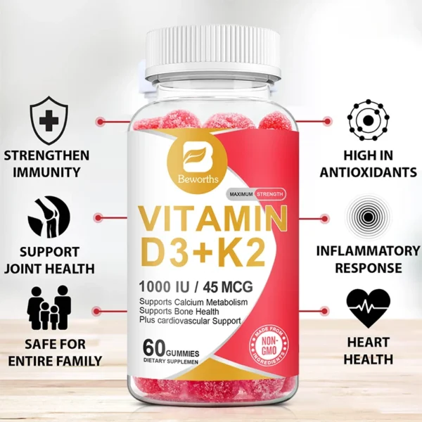 Vitamin D3 K2 Gummies 1000 IU Vitamin D3 + 45 Mcg Vitamin K2 for Bone Health Promotes Healthy Muscle Function Non-GMO - Image 2