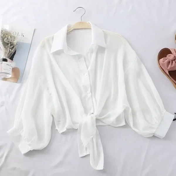 Chiffon Shirts Women 2025 Summer Half Sleeve Buttoned Up Shirt Loose Casual Blouse Tie Waist Elegant Blouses for Women - Image 6