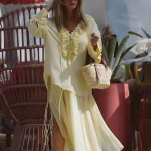 Yellow Casual Ruffles Lace-up Shirts For Women Fashion Loose Long Sleeve V Neck Summer Blouse Lady Lightweight Holiday Tops 2025