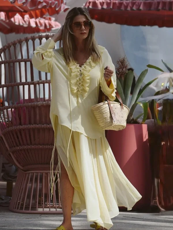 Yellow Casual Ruffles Lace-up Shirts For Women Fashion Loose Long Sleeve V Neck Summer Blouse Lady Lightweight Holiday Tops 2025