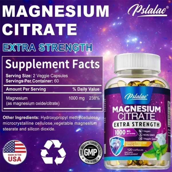 Magnesium Citrate Capsules - Muscle, Nerve & Energy Support, Promotes Absorption, Improved Heart Health, Promote Muscle Growth - Image 2