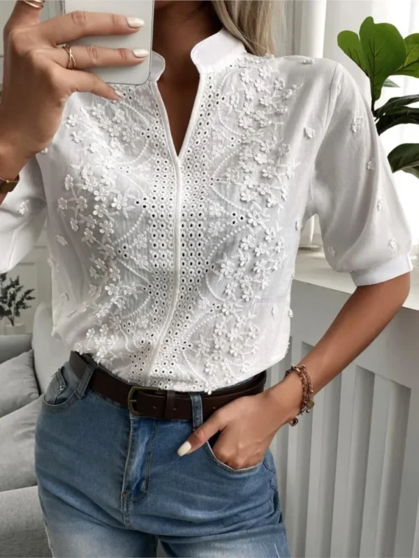 Summer Women's White Top Blouse New Fashion Elegnat V Neck Short Sleeve Casual Office Party Tops Shirts Female Lace Shirt - Image 2