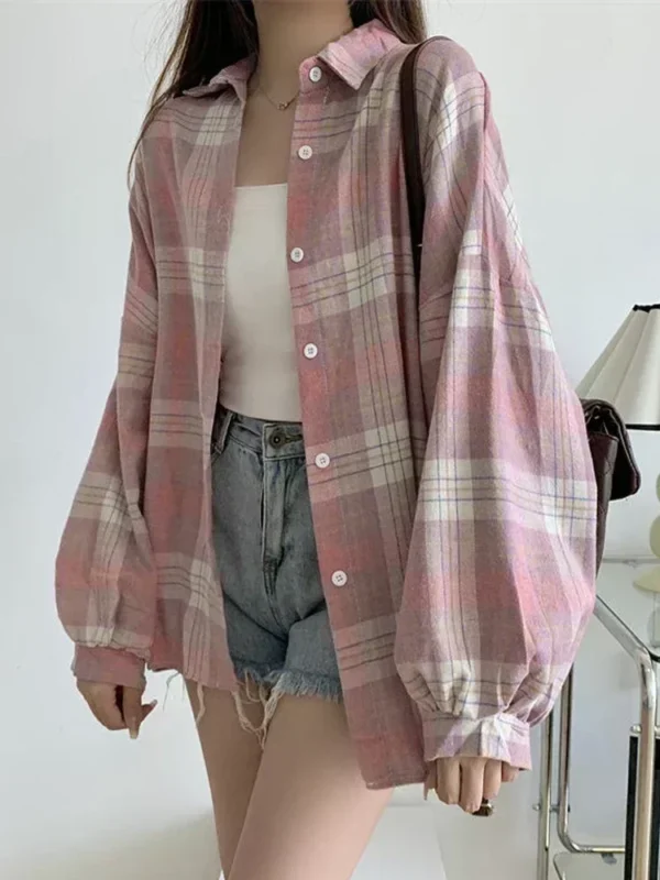 Women Autumn Long Sleeve Top Plaid Shirt Female Vintage Fashion Single Breasted Blouse Ladies Preppy Style Loose Check Shirts - Image 4