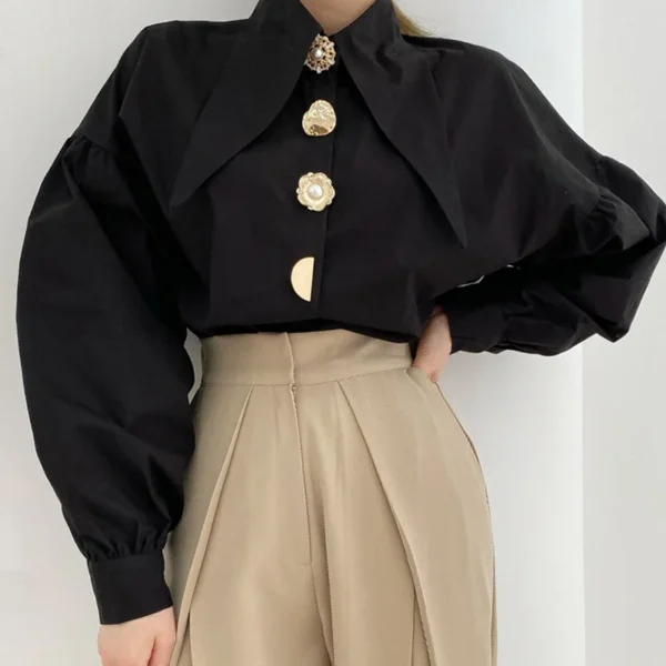 White Elegant Pearl Women Shirts Korean Sharp Corner Collar Loose Long Sleeve Ladies Blouse Y2k Fashion New Chic Female Tops - Image 2