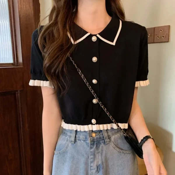 Sweet Women Shirt Korean Knitted Turn Down Collar Chic Short Sleeve Female Blouse Summer Retro Slim All Match Ladies Crop Tops - Image 3