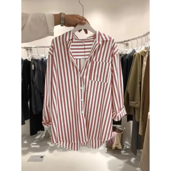 Unique Striped Women's Shirt Loose Fit Versatile French Vintage Spring New Style Button up Top Elegant Fashionable Casual - Image 3