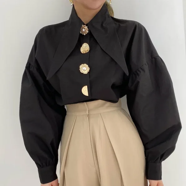 White Elegant Pearl Women Shirts Korean Sharp Corner Collar Loose Long Sleeve Ladies Blouse Y2k Fashion New Chic Female Tops