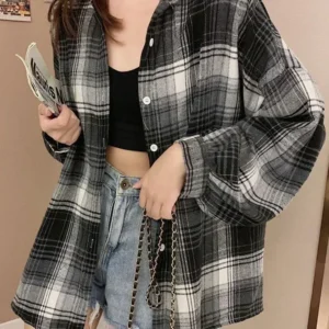 Women Autumn Long Sleeve Top Plaid Shirt Female Vintage Fashion Single Breasted Blouse Ladies Preppy Style Loose Check Shirts