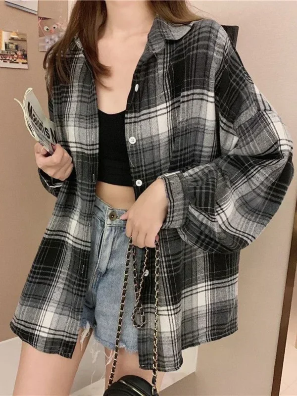 Women Autumn Long Sleeve Top Plaid Shirt Female Vintage Fashion Single Breasted Blouse Ladies Preppy Style Loose Check Shirts