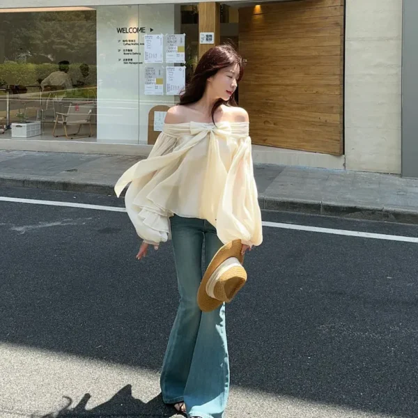 French One-shoulder Bubble Sleeve Shirt for Women with Irregular Bow Design in Early Spring with Off-the-shoulder Women's Top - Image 6