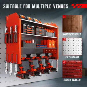 Heavy Duty Power Tool Wall Mounted Organizer Battery Tool Rack with Pegboard Side Racks and Hooks