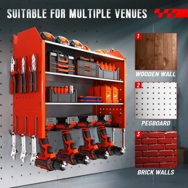 Heavy Duty Power Tool Wall Mounted Organizer Battery Tool Rack with Pegboard Side Racks and Hooks