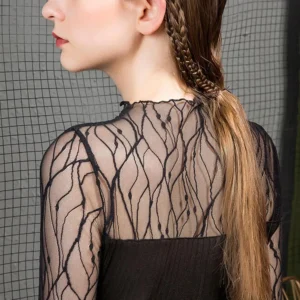 Sexy Women Mesh T-Shirts Transparent Lace Blouse Long Sleeve See Through Tops For Women O Neck Sheer Tees Body Crop Top