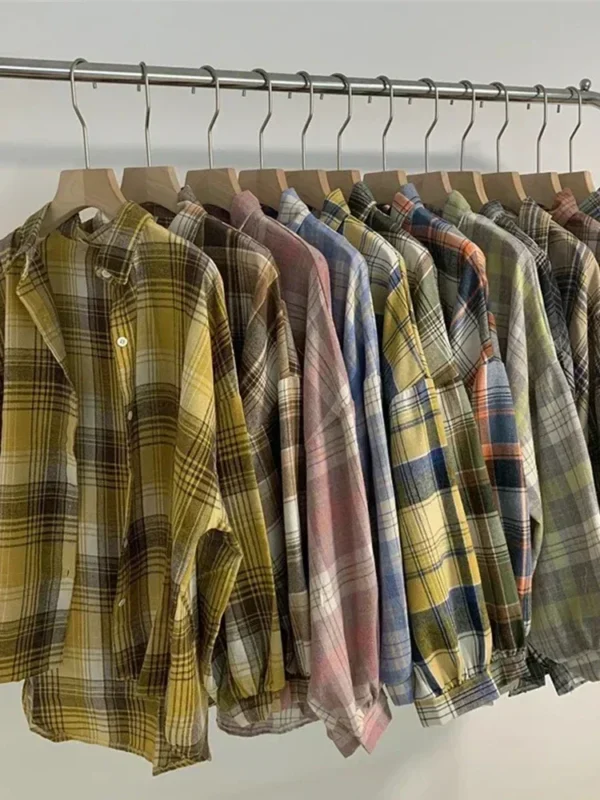 Women Autumn Long Sleeve Top Plaid Shirt Female Vintage Fashion Single Breasted Blouse Ladies Preppy Style Loose Check Shirts - Image 3