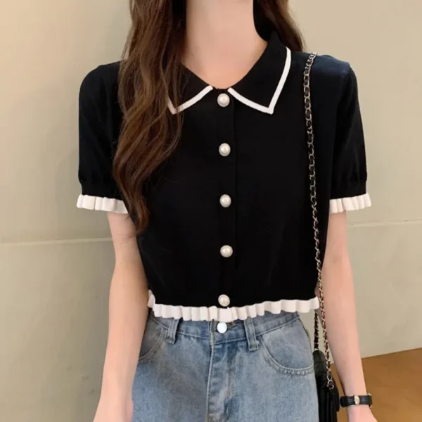 Sweet Women Shirt Korean Knitted Turn Down Collar Chic Short Sleeve Female Blouse Summer Retro Slim All Match Ladies Crop Tops - Image 2
