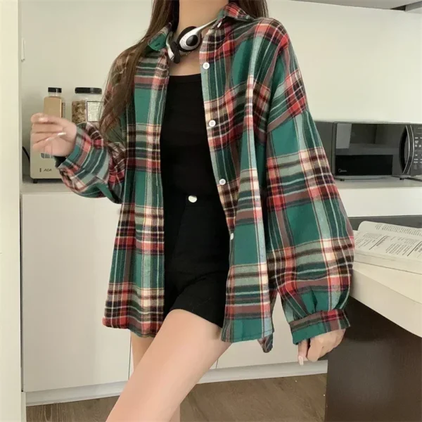 Women Autumn Long Sleeve Top Plaid Shirt Female Vintage Fashion Single Breasted Blouse Ladies Preppy Style Loose Check Shirts - Image 5