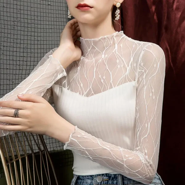 Sexy Women Mesh T-Shirts Transparent Lace Blouse Long Sleeve See Through Tops For Women O Neck Sheer Tees Body Crop Top - Image 2