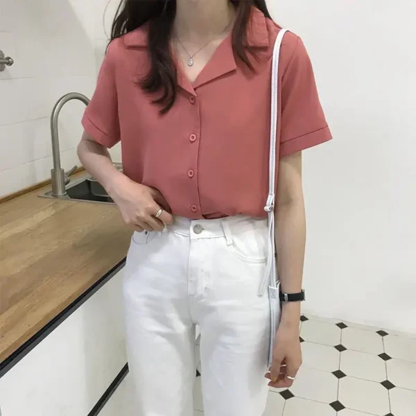 Women Summer Chiffon Blouse Elegant Short Sleeve V Neck Loose Shirt Casual Solid Korean Chic Simple Tops Female Tunic Blusas - Image 3