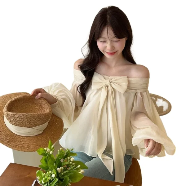 French One-shoulder Bubble Sleeve Shirt for Women with Irregular Bow Design in Early Spring with Off-the-shoulder Women's Top - Image 4
