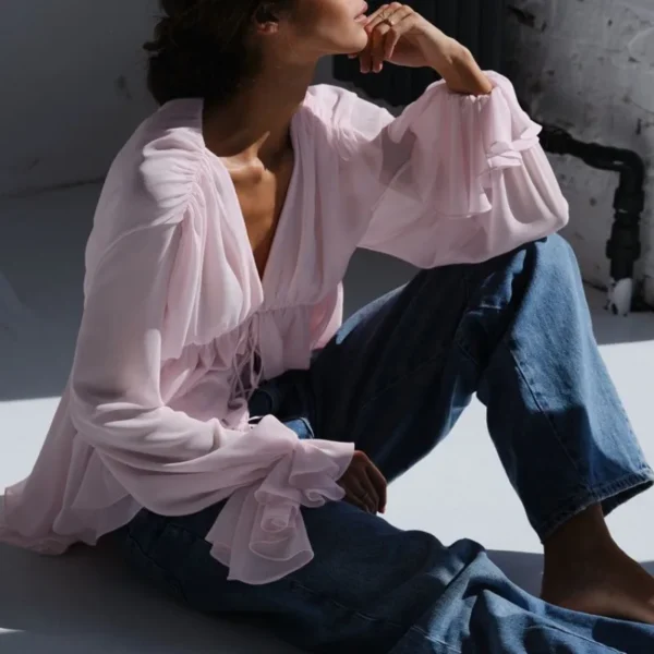 2025 New Casual Women's Wear 2025 New Sexy Hot Girl Lace-Up Long Sleeve Top Pleated Loose Design French Shirt for Women - Image 3
