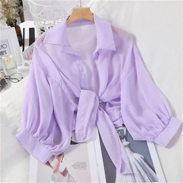 Chiffon Shirts Women 2025 Summer Half Sleeve Buttoned Up Shirt Loose Casual Blouse Tie Waist Elegant Blouses for Women - Image 5