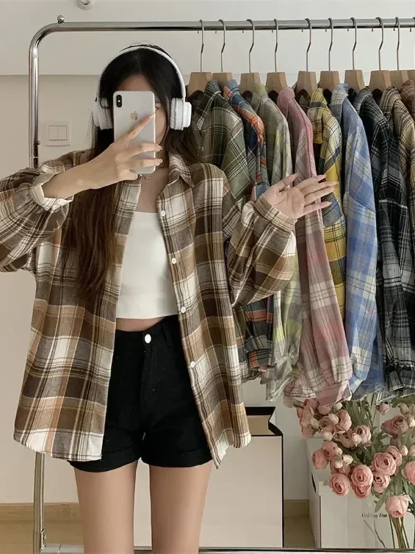 Women Autumn Long Sleeve Top Plaid Shirt Female Vintage Fashion Single Breasted Blouse Ladies Preppy Style Loose Check Shirts - Image 2