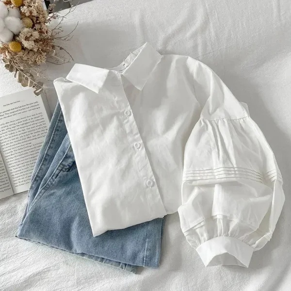 2024 Puff Sleeve Shirts Women White Turn Down Collar Preppy Sense of Design Chic Female Tops Korean Fashion Simple Summer Blouse - Image 3