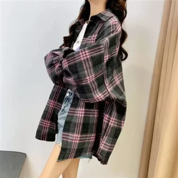 Women Autumn Long Sleeve Top Plaid Shirt Female Vintage Fashion Single Breasted Blouse Ladies Preppy Style Loose Check Shirts - Image 6