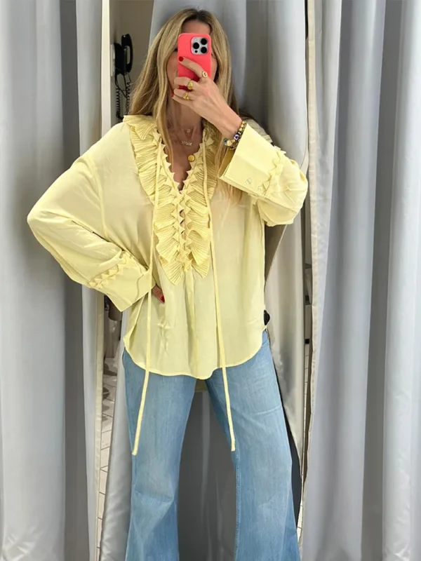 Yellow Casual Ruffles Lace-up Shirts For Women Fashion Loose Long Sleeve V Neck Summer Blouse Lady Lightweight Holiday Tops 2025 - Image 5